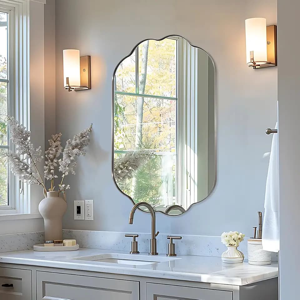 ANDY STAR Scalloped Bathroom Mirror, 24x36 Inch Brushed Nickel Vanity Mirror in Stainless Steel Metal Frame, Unique Oval Mirror with Modern Curved Edge Design, Ideal for Bathroom, Bedroom, Entryway