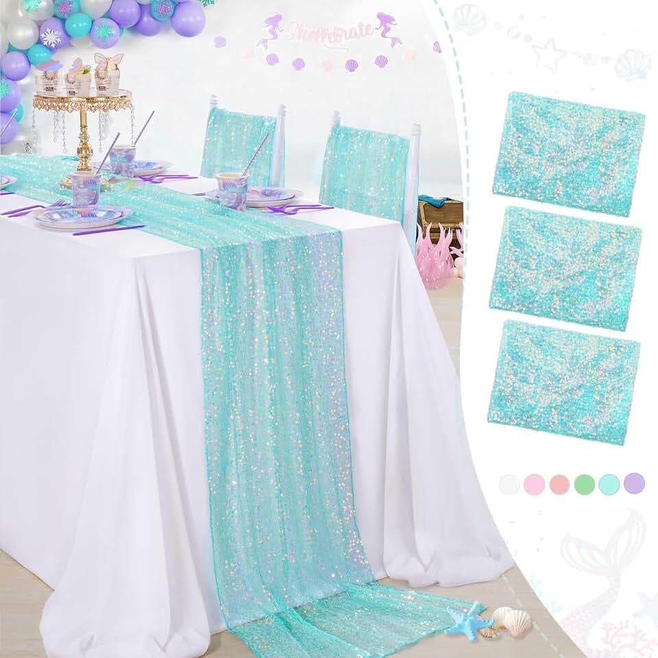 Sequin Table Runner 3 Pcs Mermaid Coral Green Iridescent Table Runners 25x120 Inches Ocean Themed Birthday Party Decorations