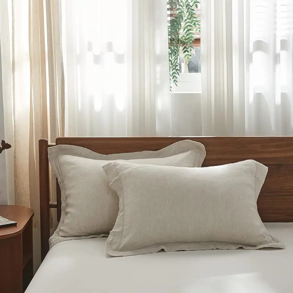 Simple&Opulence 100% French Linen Pillowcase Queen Size Set of 2, Pure Flax Pillow Covers with Embroidered, Solid Color Pillow Cases with Overlap Closure -Soft and Durable (20" X 26", Linen)