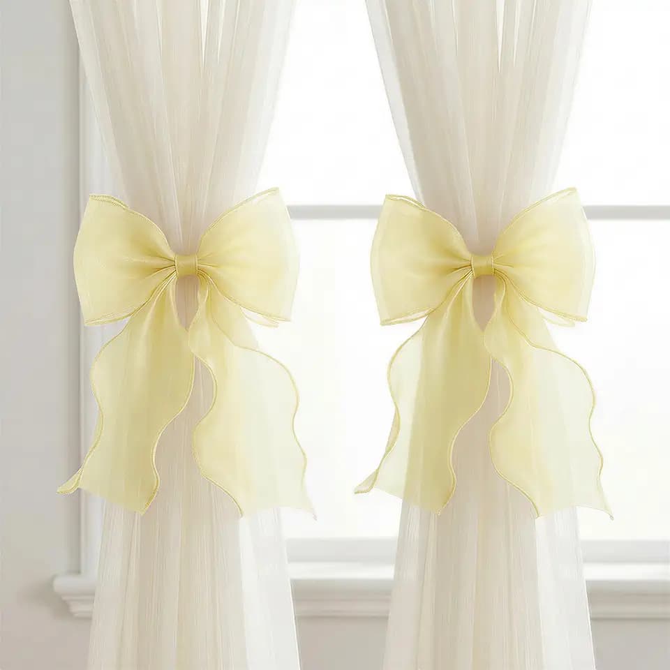 2 Pack French Lace Bow Curtain Tiebacks, Light Yellow
