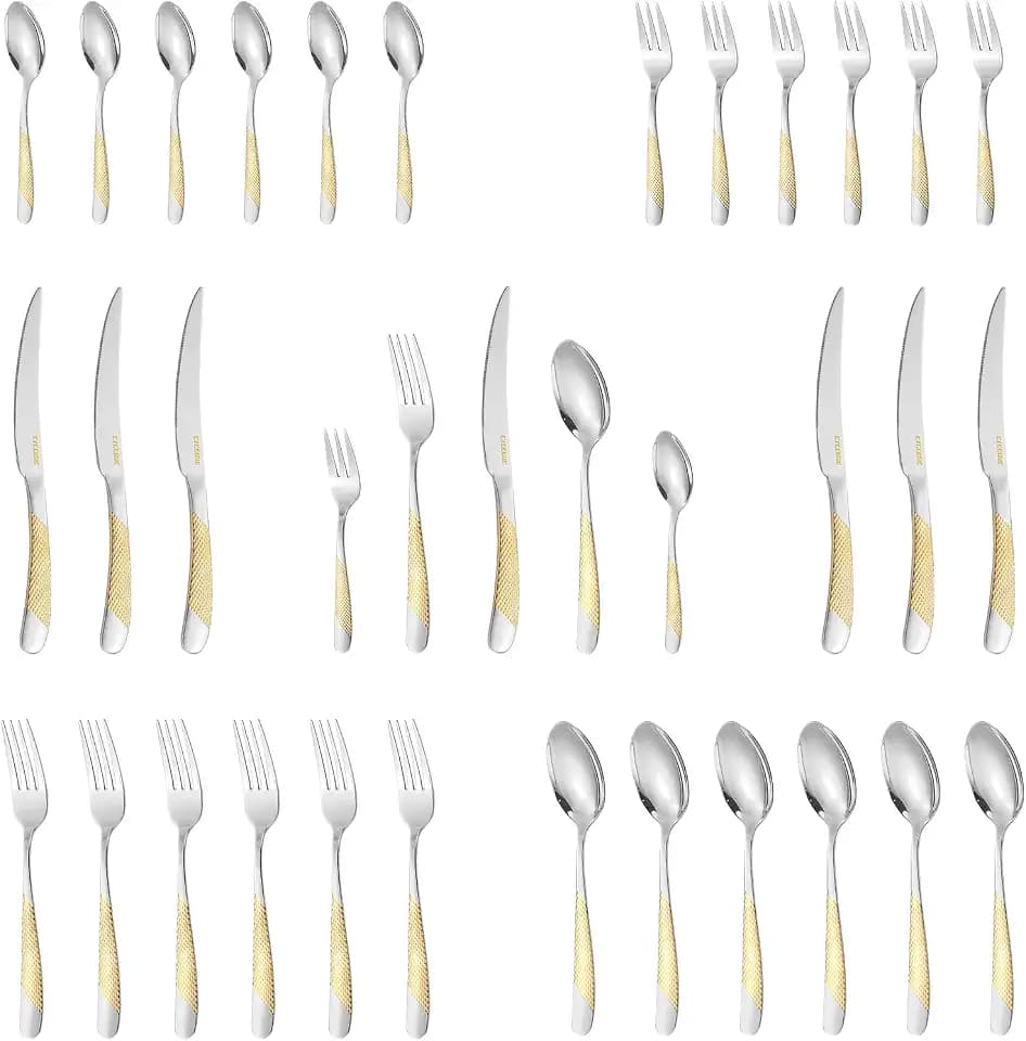 30-Piece Silverware Set, Luxury Gold Silverware Kitchen Flatware Sets Service for 6, Premium Cutlery Utensil Set with Dinner Knife Spoon Fork Set, Durable Stainless Steel Tableware Sets