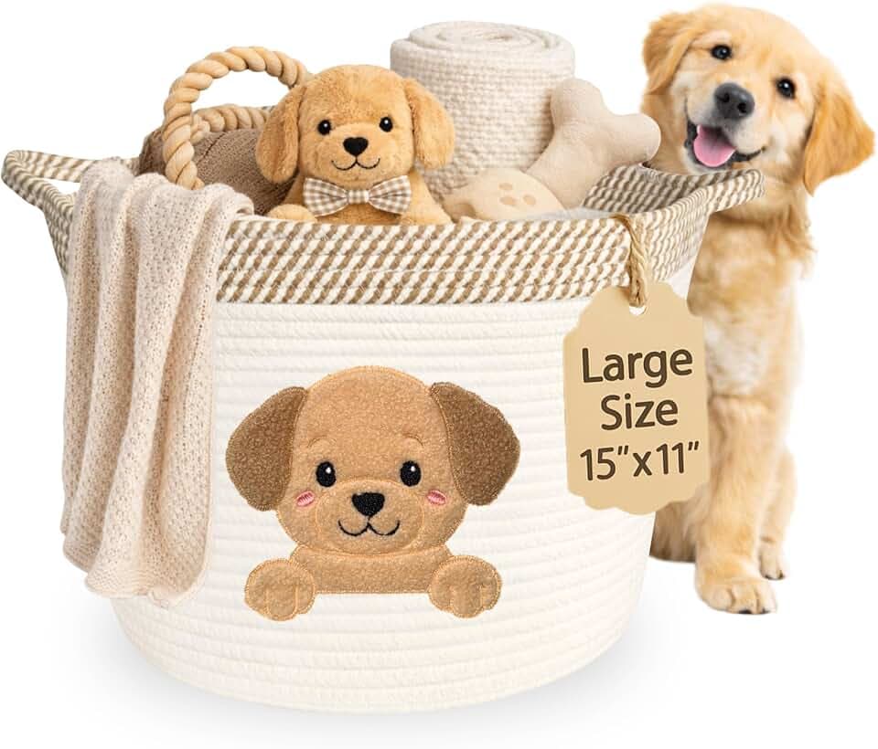 Golden Retriever and Lab Dog Toy Basket, Cotton Rope Storage Bin, 15x11 in