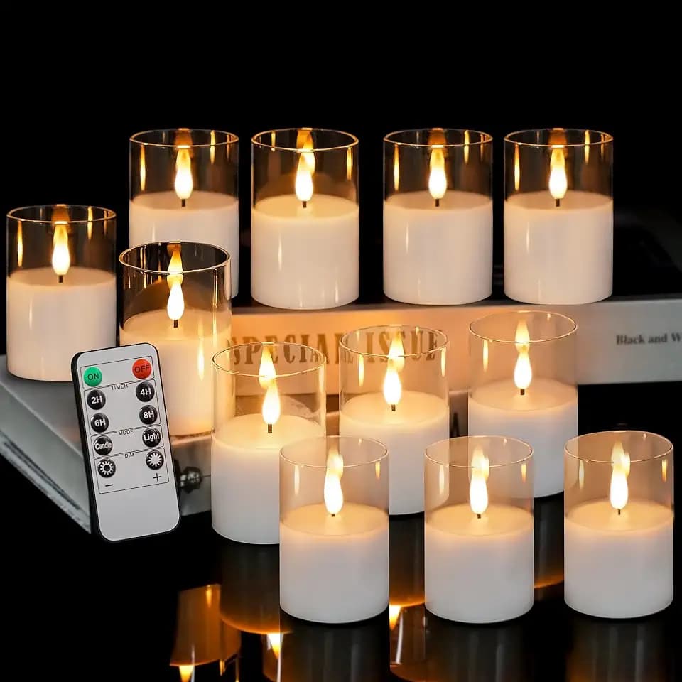 Glass Flameless Votive Candles with Remote, Battery Operated, 12Pack Clear
