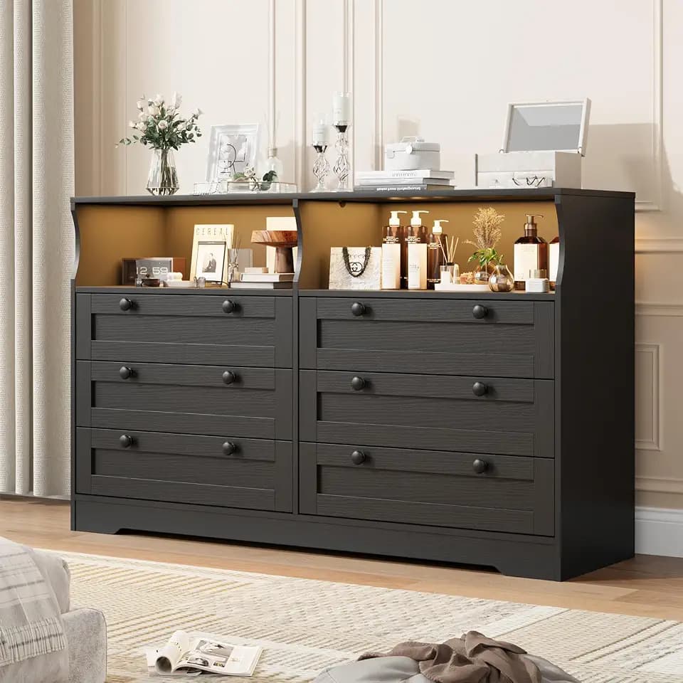 IDEALHOUSE 55" 6-Drawer Dresser for Bedroom – Wood Chest with Charging Station, LED Lights & 2 Storage Compartments, Modern TV Stand for Living Room & Hallway, Black