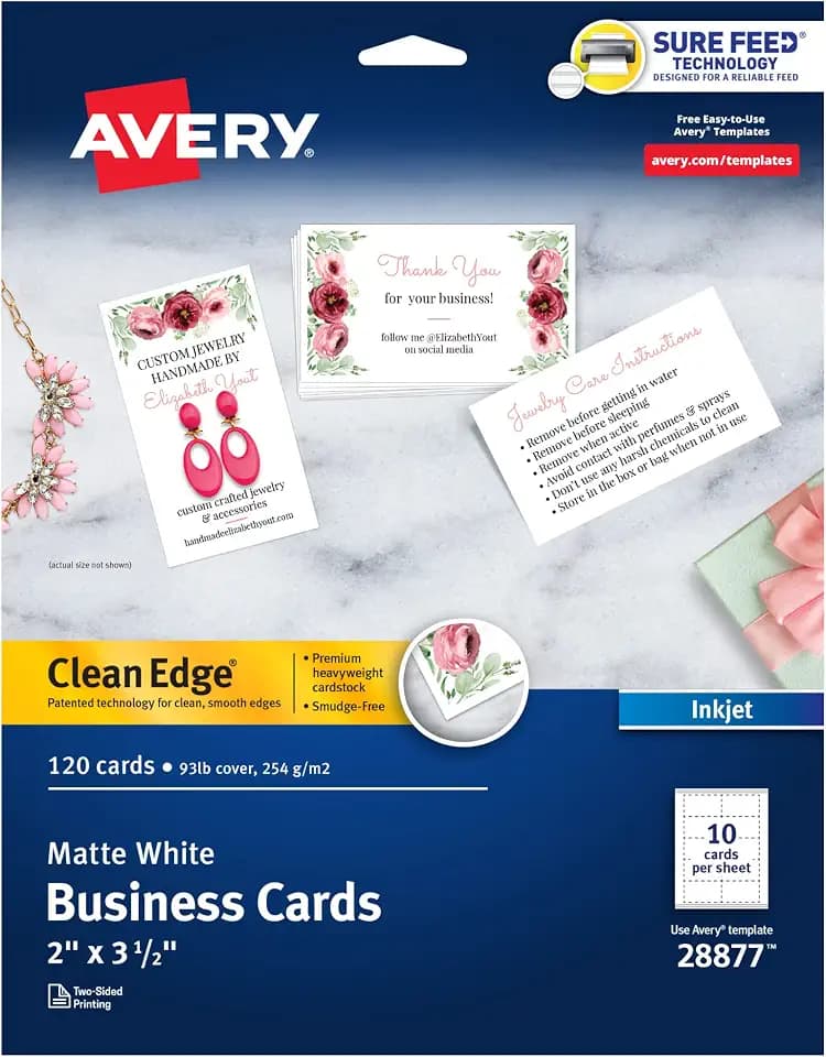 Avery® Clean Edge® Printable Business Cards, Sure Feed® Technology, 2" x 3.5", White, 120 Blank Cards for Inkjet Printers (28877)