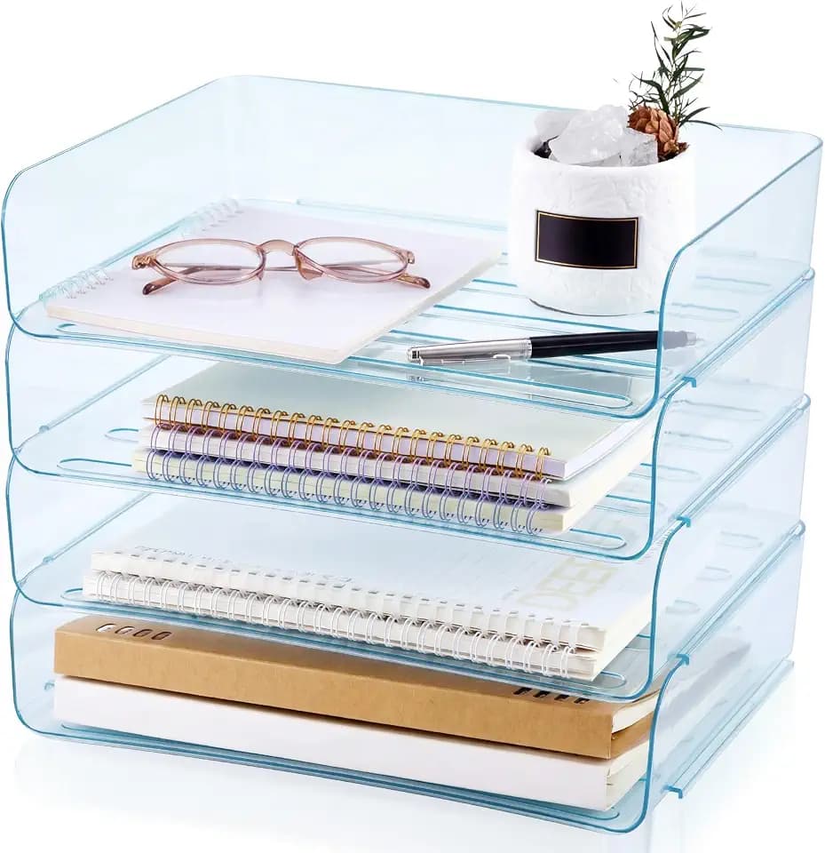 Harloon 4 Tier Clear Blue Acrylic Paper Organizer Letter Tray, Aesthetic Stackable Desk File Organizer Paper Holder Office Tray for A4, Modern Classroom Office Home File Pad Books Notes