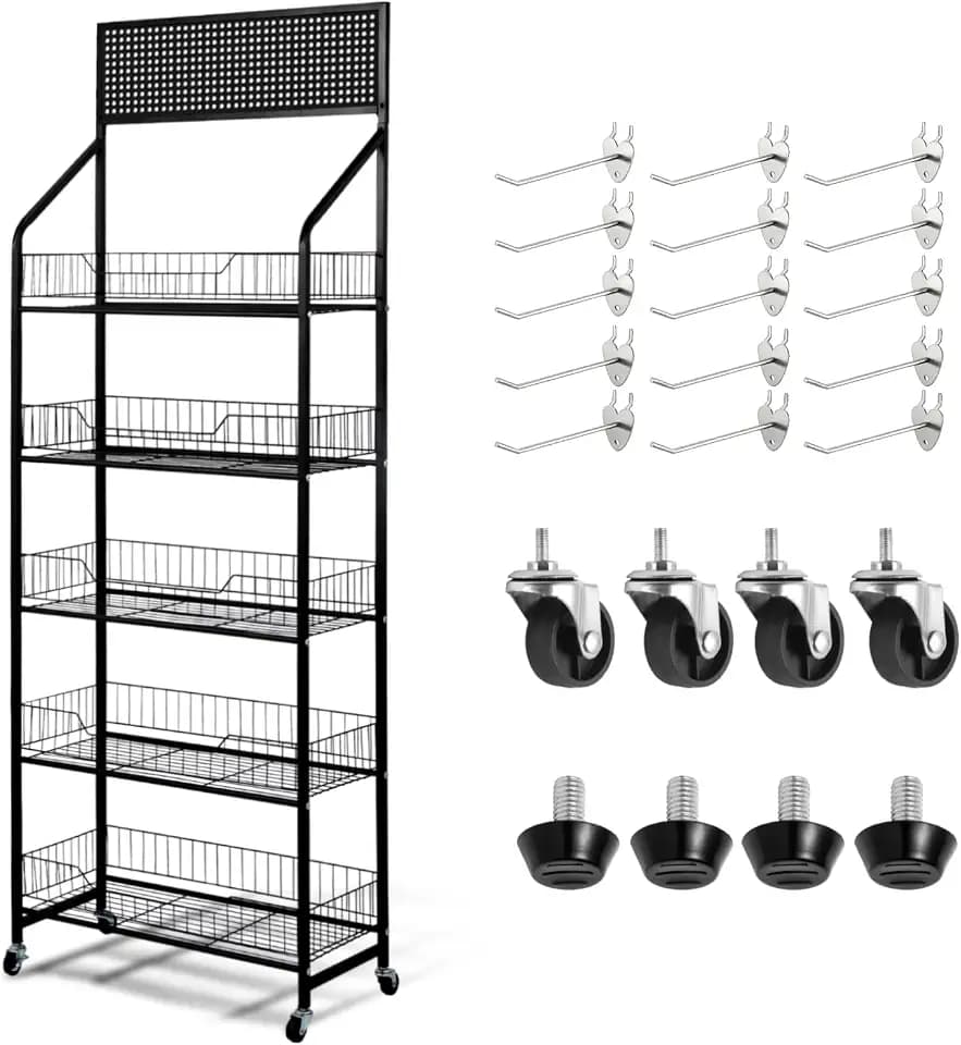 Chip Display Rack - 5 Tier Snack Rack Display Stand with 360° Swivel Wheels