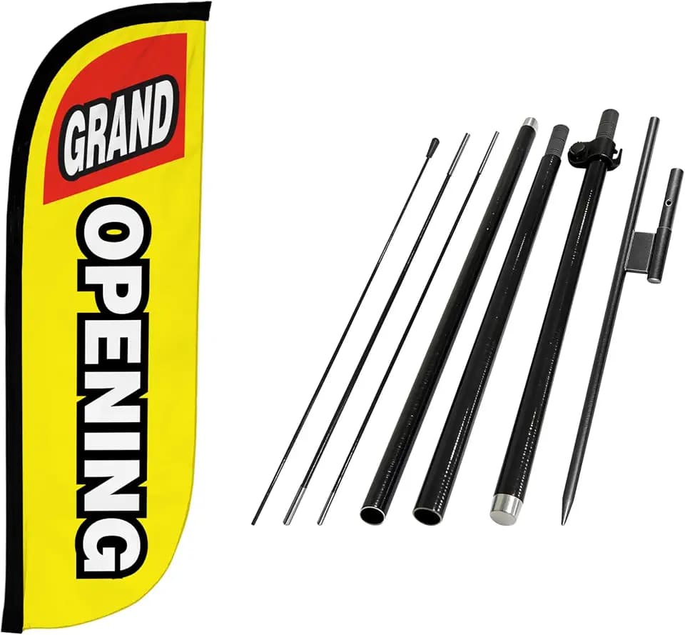 LookOurWay Feather Flag Pole Kit - 7 Feet Tall Advertising Banner with Fiberglass Pole Set and Ground Spike for Business Promotion - Open Flags - Grand Opening Yellow & Red
