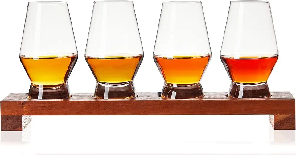 Viski Spirit Tasting Flight Set, Crystal Glass Set with Wooden Tray for Bourbon, Scotch, Gin, Brandy or Liquor, Elegant Drinkware for Home Bars, Whiskey Flights, and Barware Collections