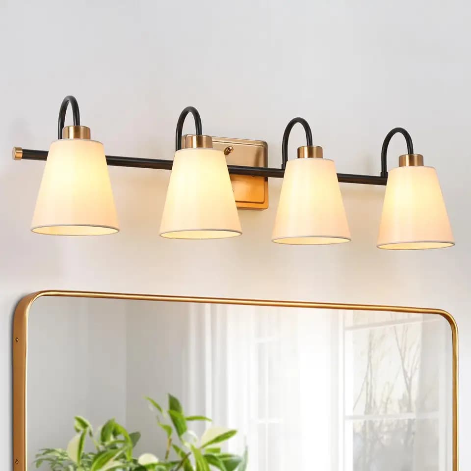 KSANA Bathroom Wall Light Fixtures, 4-Light White Fabric Gold Black Vanity Light, Modern Vintage Wall Lamp Over Mirror for Powder Room