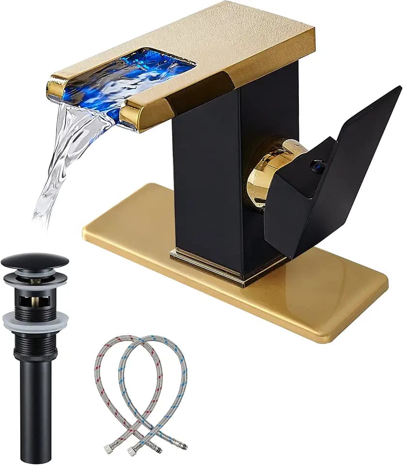 Bathroom Faucet Single Hole Handle LED Waterfall Open Spout Black&Golden