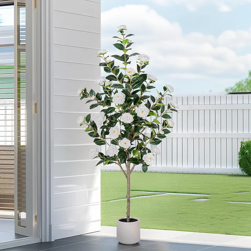 Yepdin 63 inch Artificial Camellia Tree with White Flower Pots - White Fake Tree,5 Ft Faux Plants Indoor wich Blooming,Artificial Plants for Indoor & Outdoor Home Front Door Decor
