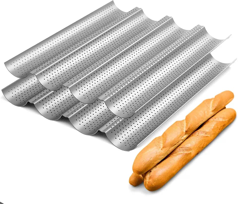 Tiawudi 2 Pack Nonstick Perforated Baguette Pan 15" x 13" for French Bread Baking 4 Wave Loaves Loaf Bake Mold Oven Toaster Pan (Silver)