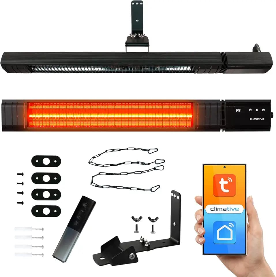 Infrarot Heizstrahler 2500W RAY WiFi, 9 Stufen, IP65, Carbon-Heizelement bis zu 10000 Std, Terrassenheizer Outdoor, Infrarotheizung Wandmontage, Heizstrahler Terrasse & Garten, Montageketten