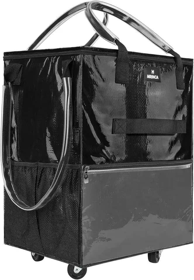 Reusable Grocery Bag on Wheels, Foldable Rolling Tote Bag with 6 Pockets