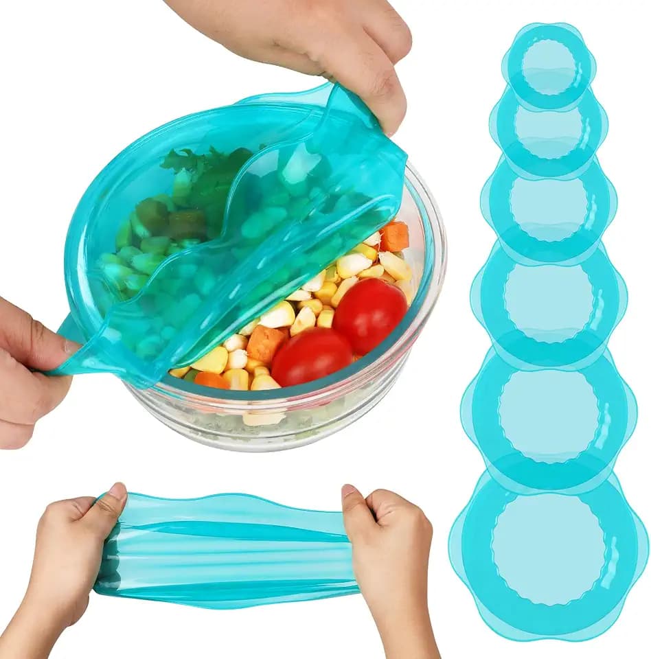 Silicone Stretch Lids for Food Storage in Fridge, Reusable Elastic Bowl Covers for Cup, Cans, Jars, Round & Rectangle Container, Food Grade Silicone Microwave Food Cover, Heat-Resistant, Blue, 6PCS