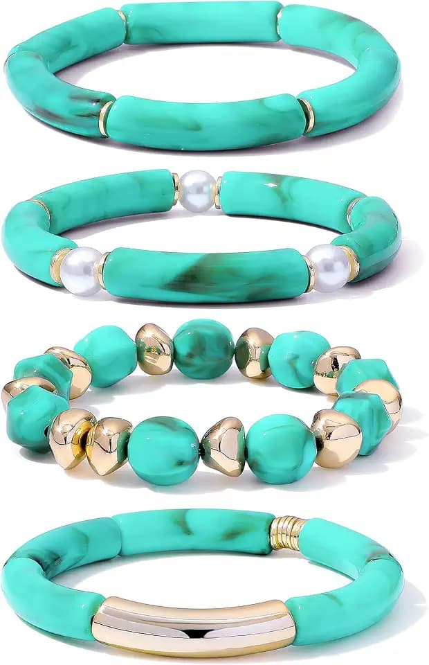 GOOJIDS Simple Beaded Gold Plated Bangles Bracelet Chunky Bamboo Tube Curved Stacking Clear Acrylic Colorful Beads Stretchable Gold Plated Bracelets Set For Women