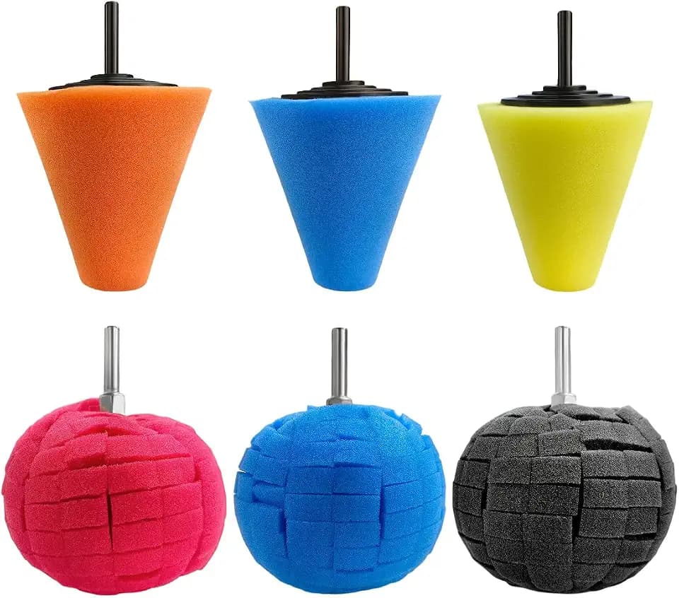 Wevdn 6 PCS Car Wheel Hub Drill Buffing Sponge Pads, Sponge Polishing Cone and Ball Pads Kit, Polishers Pads for Vehicle Wheel Hub Cleaning Care Waxing, Universal Car Accessories