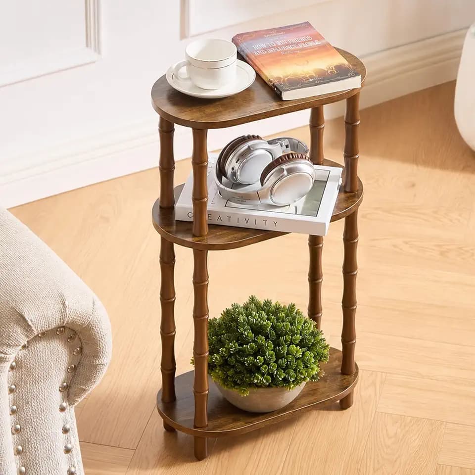 Narrow End Table, Small Side Table with 3-Tier Storage Shelf, Brown