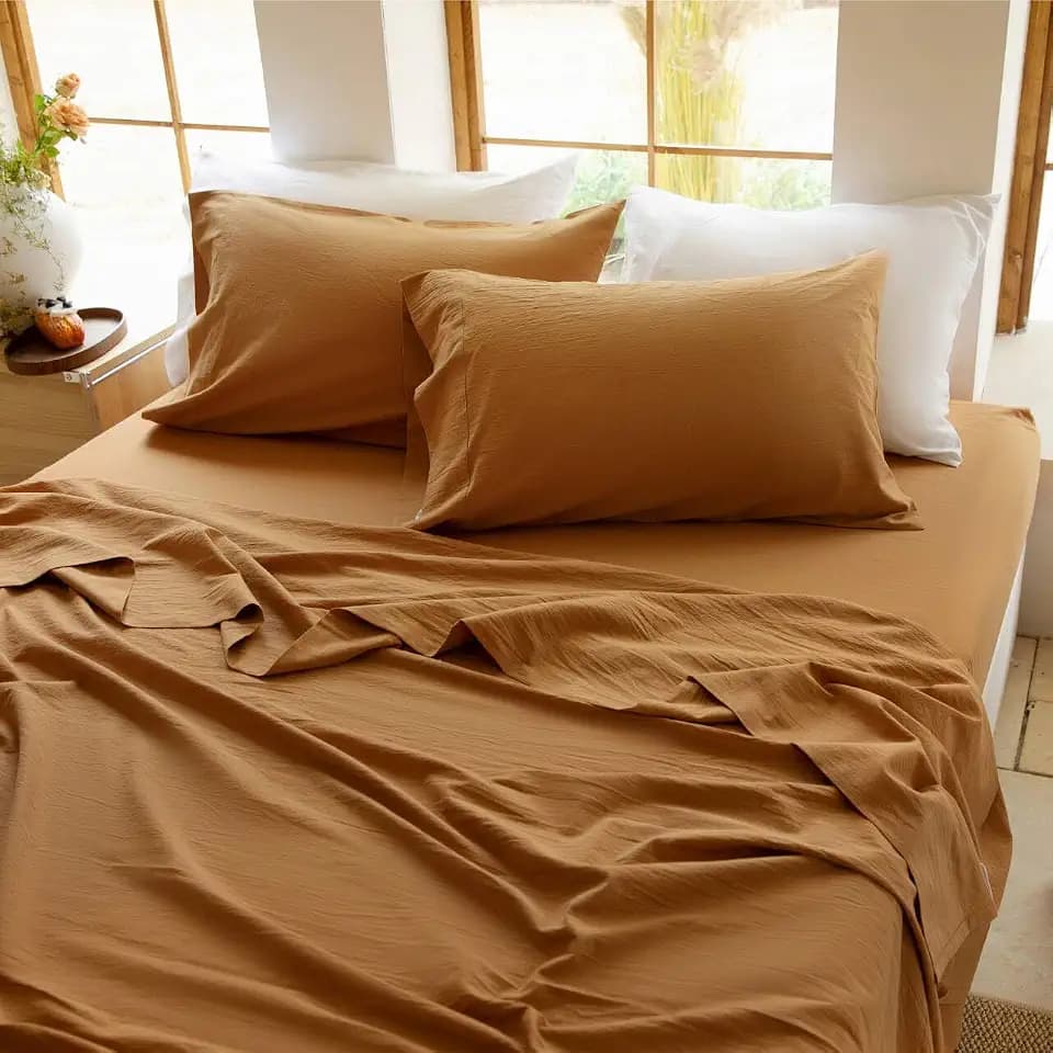 BISELINA 100% Washed Cotton Sheet Set 4 Pcs - 1 Fitted Sheet, 1 Flat Sheet and 2 Pillowcases, Natural Texture, Soft Breathable Bedding Set for Dorm/Home Comfort (Terracotta/Orange,Queen)