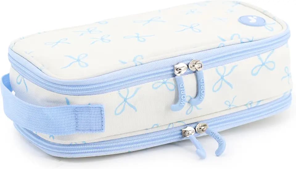 J World New York Doodle Large Capacity Pencil Case. 2 Compartment Pouch Pen Bag for School Teen Girl Boy Women, Blue Bows