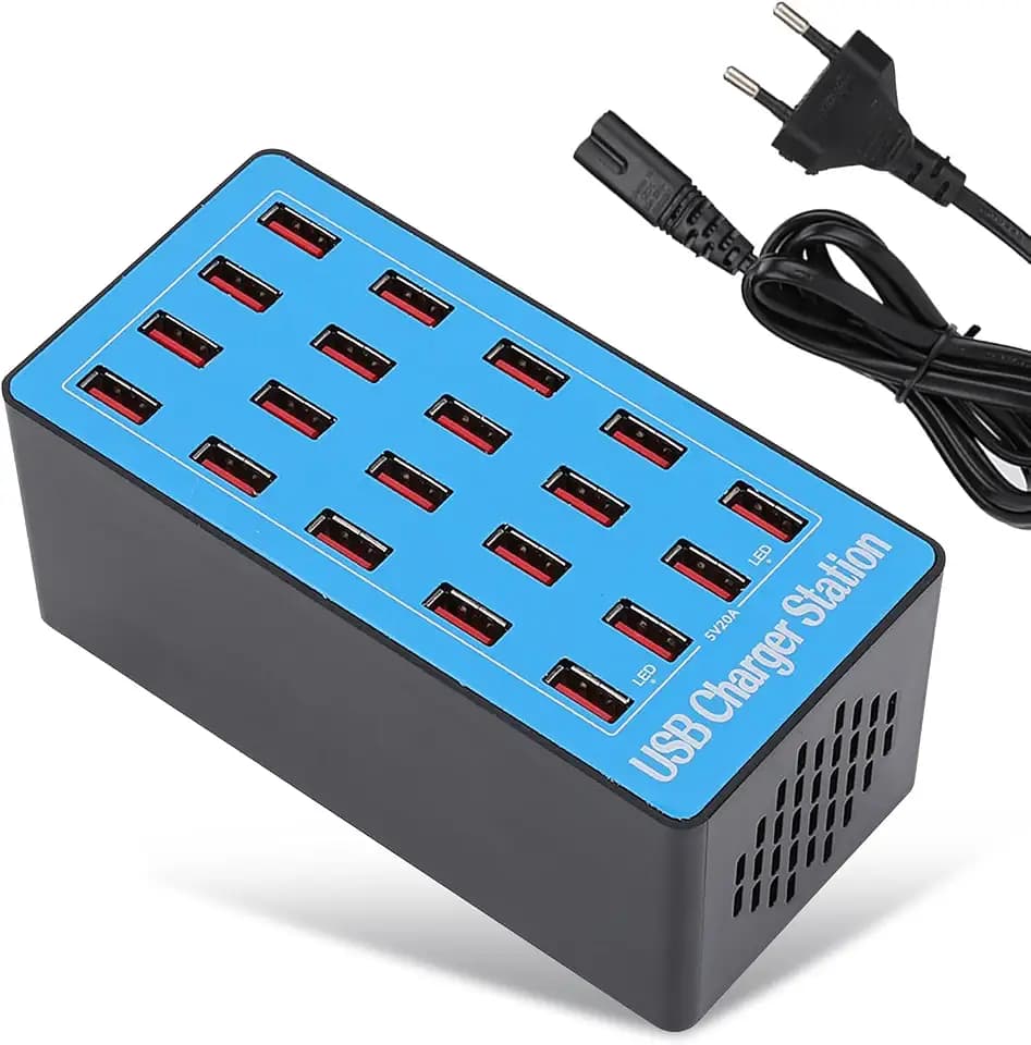 20 Port USB Hub, 5,6x2,8x2,5 Zoll 20A/5V 100W Intelligenter Charging Multiport USB Ladegerät Hub Schnellladegerät Ladestation Netzteil Adapter mit 47,2 Zoll Kabel für Smartphone Tablet USB Geräte