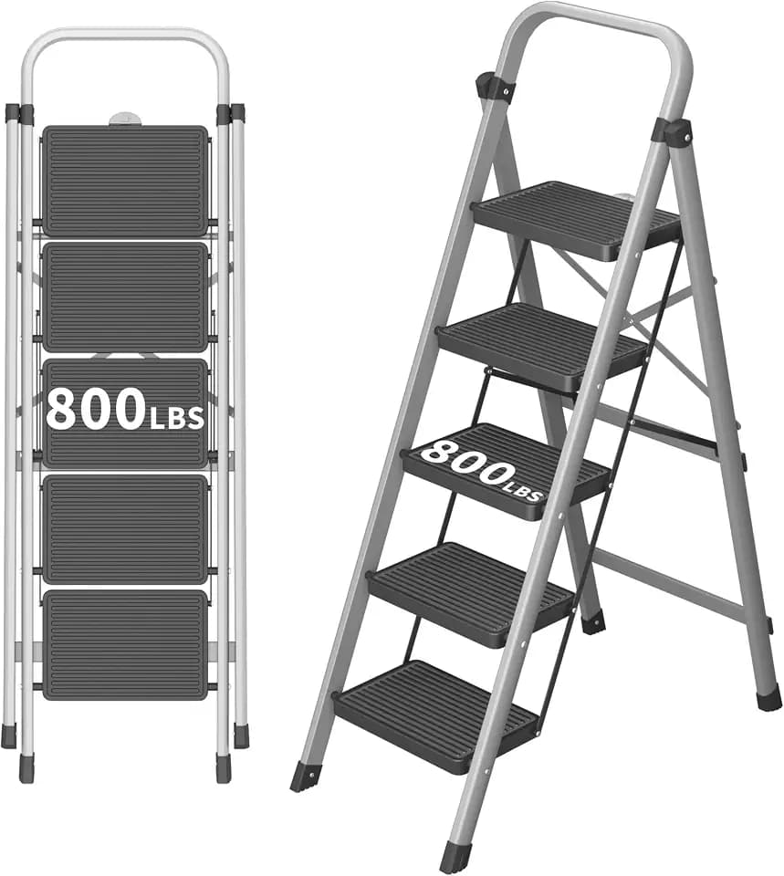 DIAMONDFORGE 5-Step Foldable Step Ladder Stool with Handle, Anti-Slip Wide Pedals & Feet, 800lbs Capacity, Sturdy Stepstool Folding for Adults in Home & Kitchen Use - Silver Gray