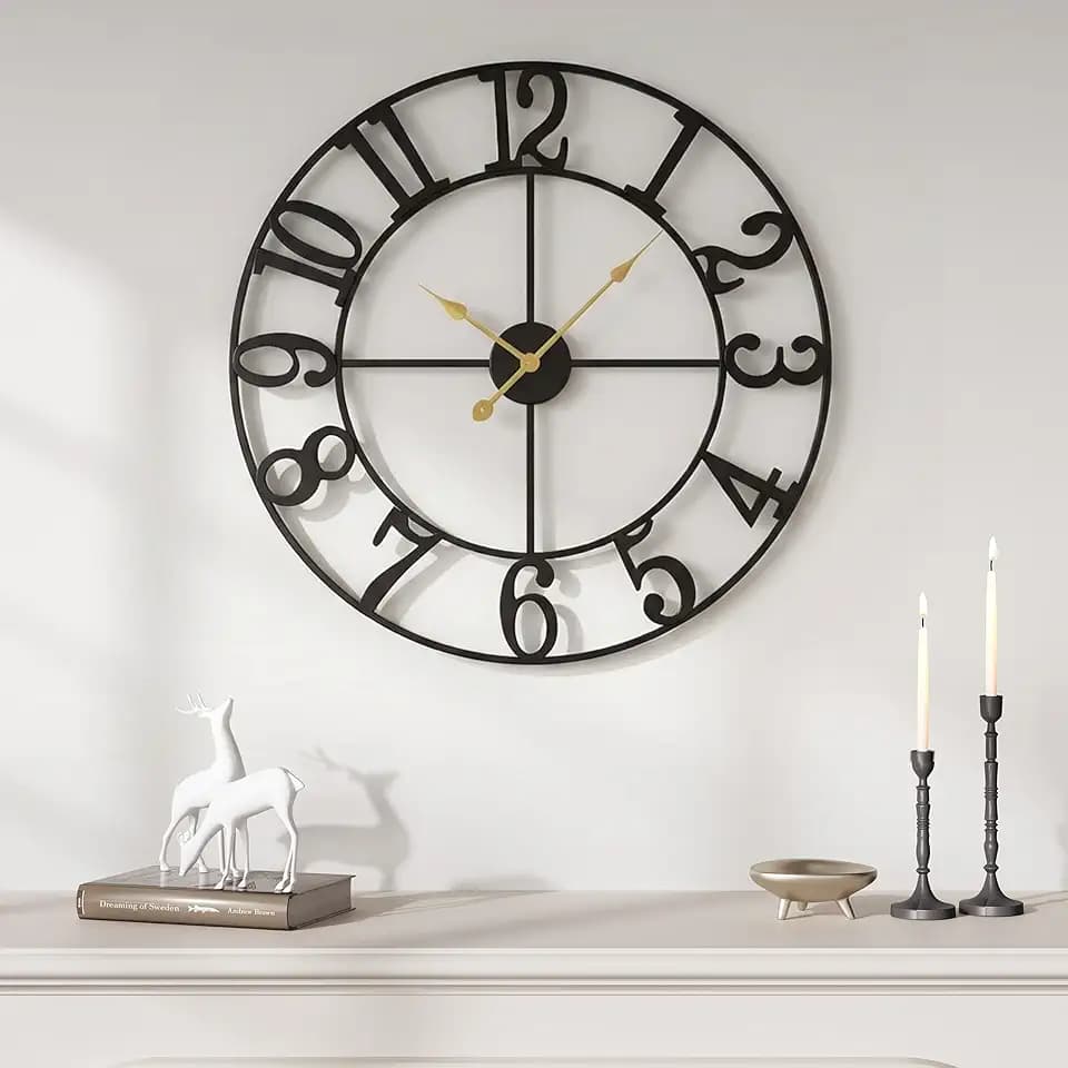 Cuspin 20 Inch Wall Clock for Living Room Decor Black Metal Round Clock