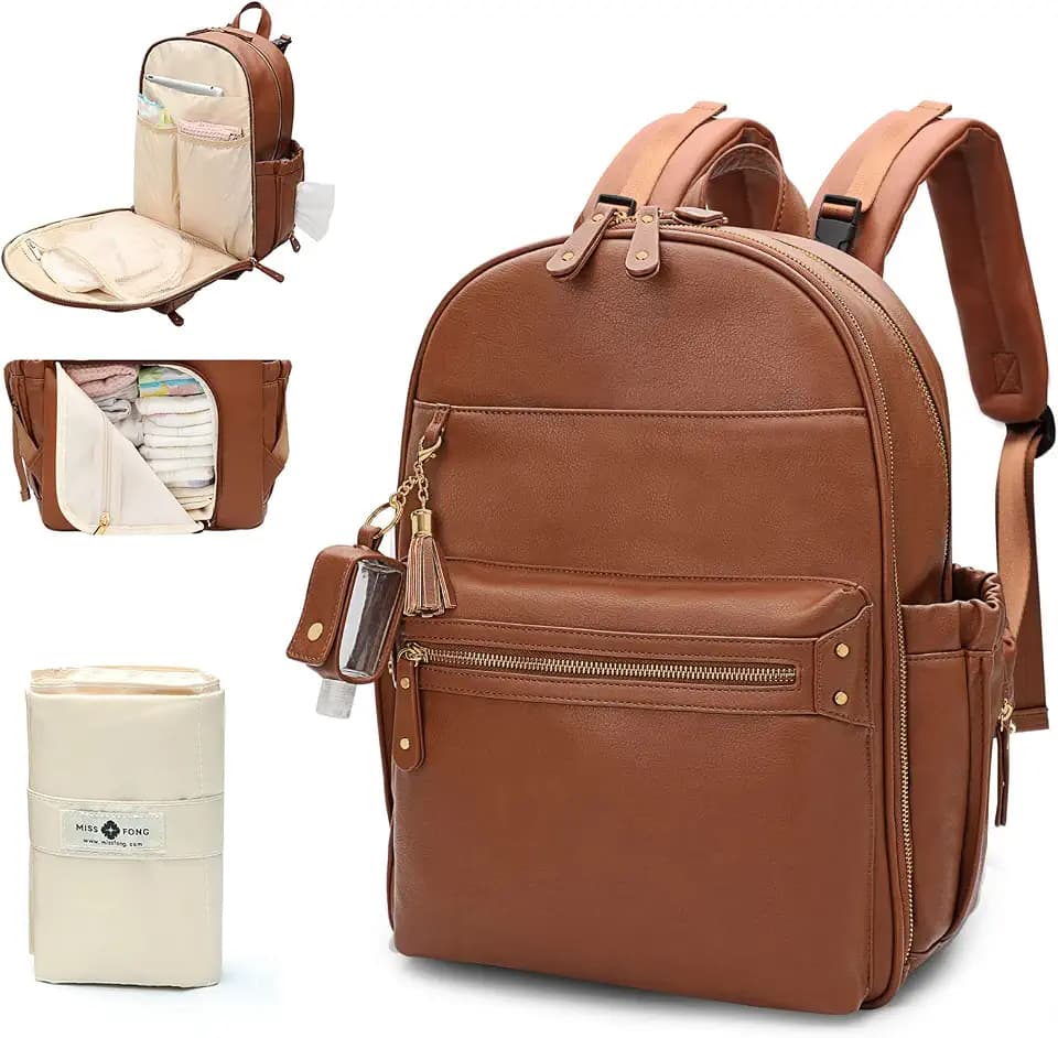 miss fong Diaper Bag, Diaper Bag Backpack, Baby Diaper Bag, Leather Diaper Bag Backpack with Changing Pad & Stroller Strap,Multi-function Large Capacity & Waterproof Travel Backpack, Brown