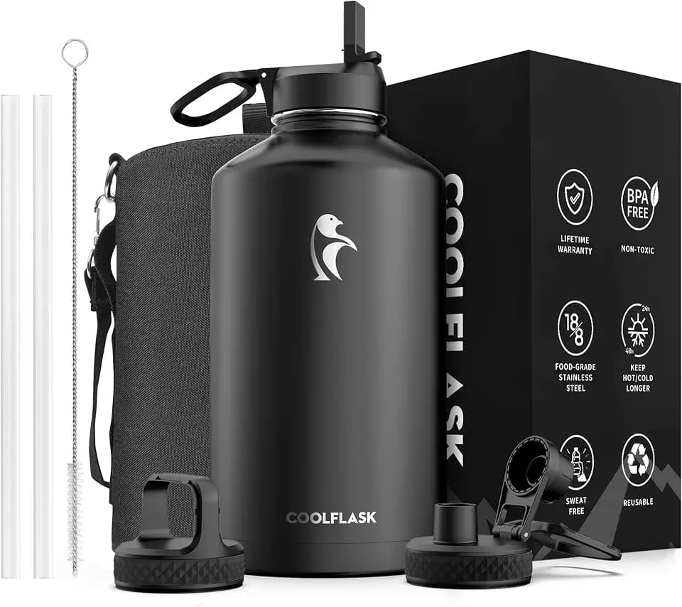 Coolflask 128 oz Gallon Water Bottle Insulated with Straw & 3 Leakproof Lid