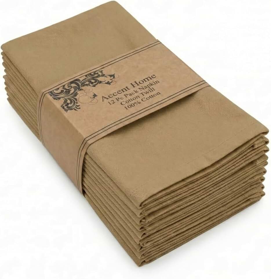 ACCENTHOME Accent Home 100% Cotton Napkins, Delicate Cloth Napkins for Dinners, Parties and Weddings,18 x 18 Inch Set of 12 - Brown