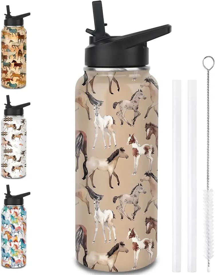Horse Water Bottles with Straw, 40 Oz Insulated Stainless Steel Tumbler Cup Mug Horse Gifts for Women Girls Horse Lovers