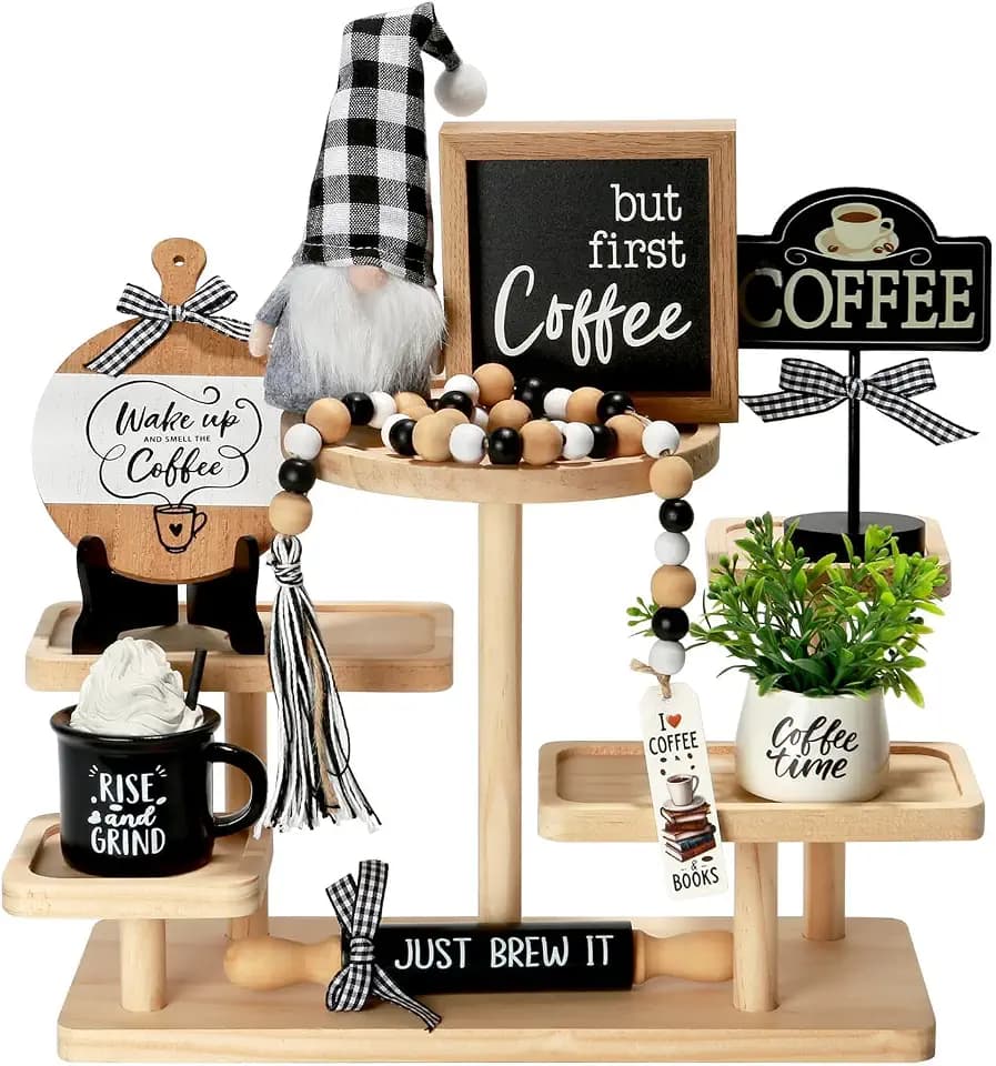 Coffee Bar Decor, 8 PCS Coffee Decorations for Table Tiered Tray Shelf