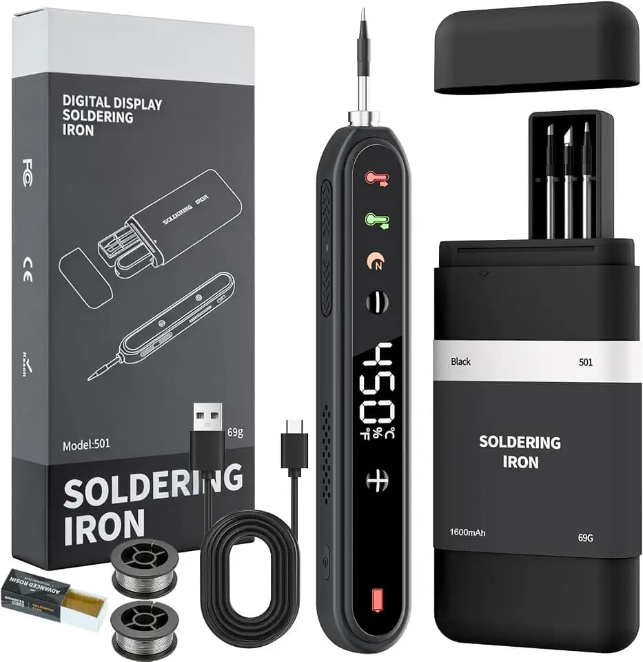 Cordless Soldering Iron Kit, 8s Fast Heat-Up, 1600mAh Rechargeable Battery, Type-C Charging, Adjustable Temp 180~450 ℃, 3 Replaceable Tips, Wireless Soldering Pen for DIY Electronics Repair – Black
