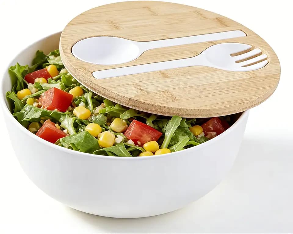 ECOWAY Bamboo Fiber Salad Bowl Set with Lid & Servers, 4Qt Large Serving Bowl with Bamboo Lid, 130OZ Mixing Bowl with Spoon Fork for Salad Fruits Vegetables and Pasta (White, 9.8inch)