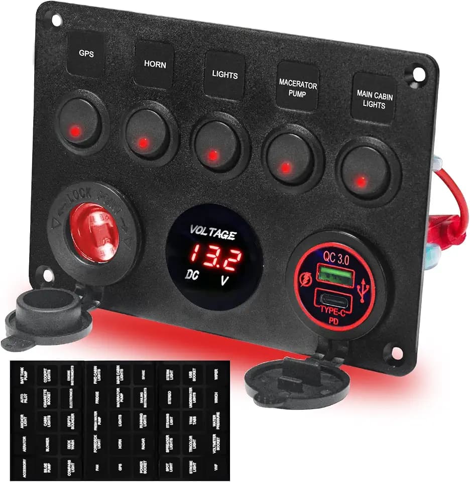 Upgraded 5 Gang Rocker Switch Panel - Type-C/QC 3.0 USB, Digital Volmeter, 12V Outlet, Pre-Wired with Circuit Breakers for RV/Car/Boat/Truck, 2-Year Warranty (Red)