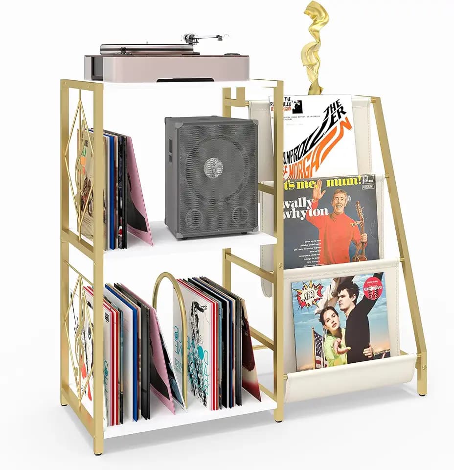 Record Player Stand, Turntable Stand with 3-Tier Vinyl Storage(Glod White)