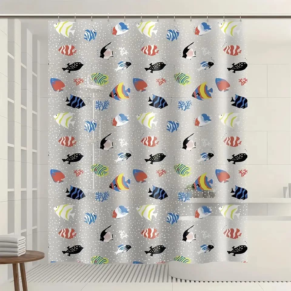 Clear Tropical Fish Shower Curtain Liner with Design, Lightweight Plastic Transparent See Through Shower Curtain Fish with 12 Hooks for Bathroom, 72x72 Grommet Cute Animal Shower Curtains Set