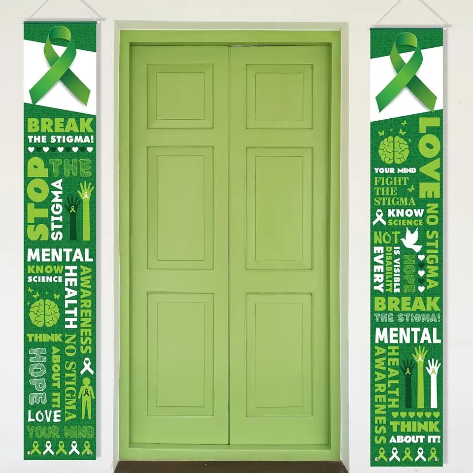 VitalCozy 2 Pcs Mental Health Awareness Door Banners Porch Signs 71''x12'' Motivational Ribbon Mental Health Awareness Decorations Indoor Outdoor Therapist Month Party Supplies (Green)