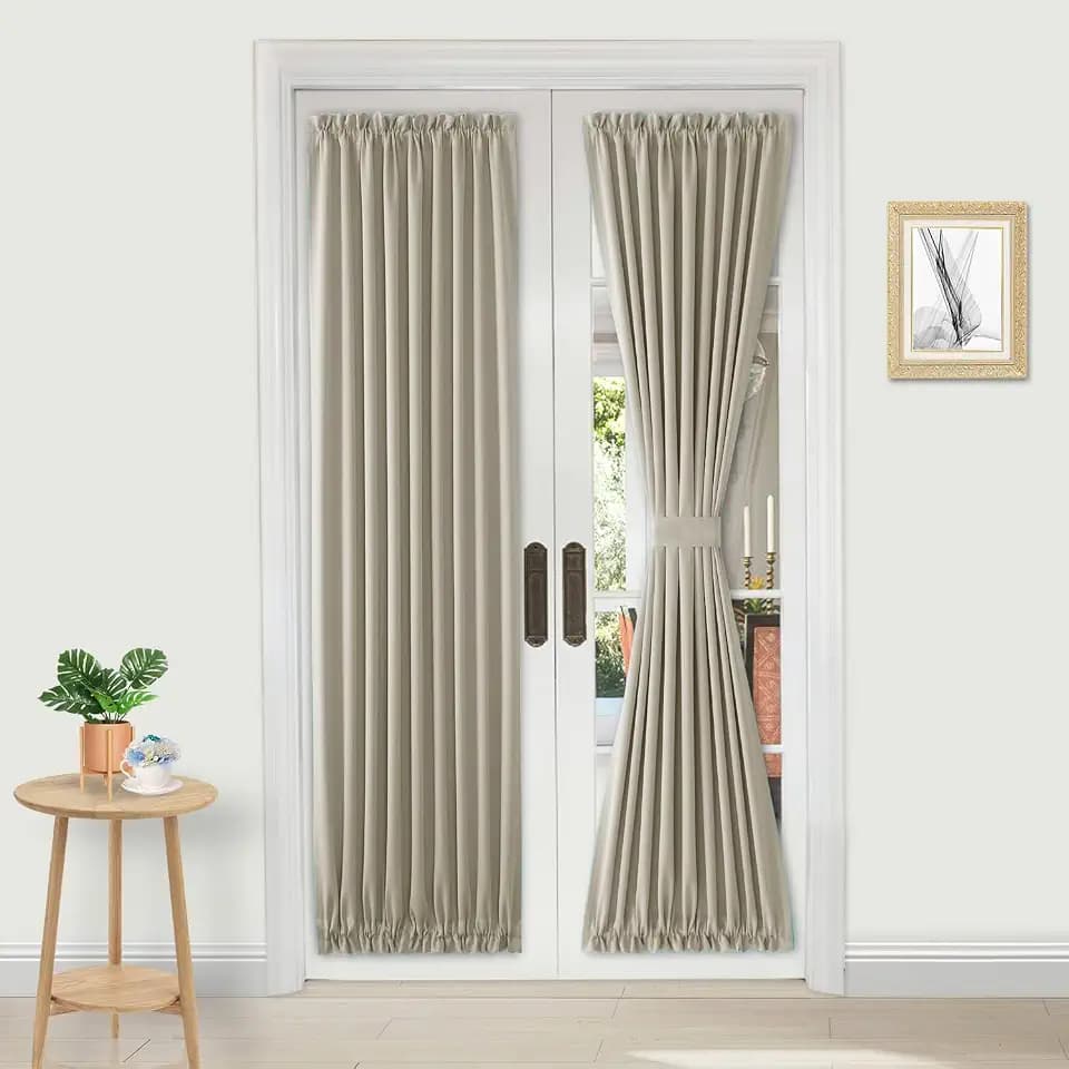 DWCN French Door Curtains – Rod Pocket Thermal Curtain for Doors with Glass Window, Kitchen and Patio Doors for Privacy, 25 X 72 Inches Long, 1 Curtain Panel with Tieback, Taupe