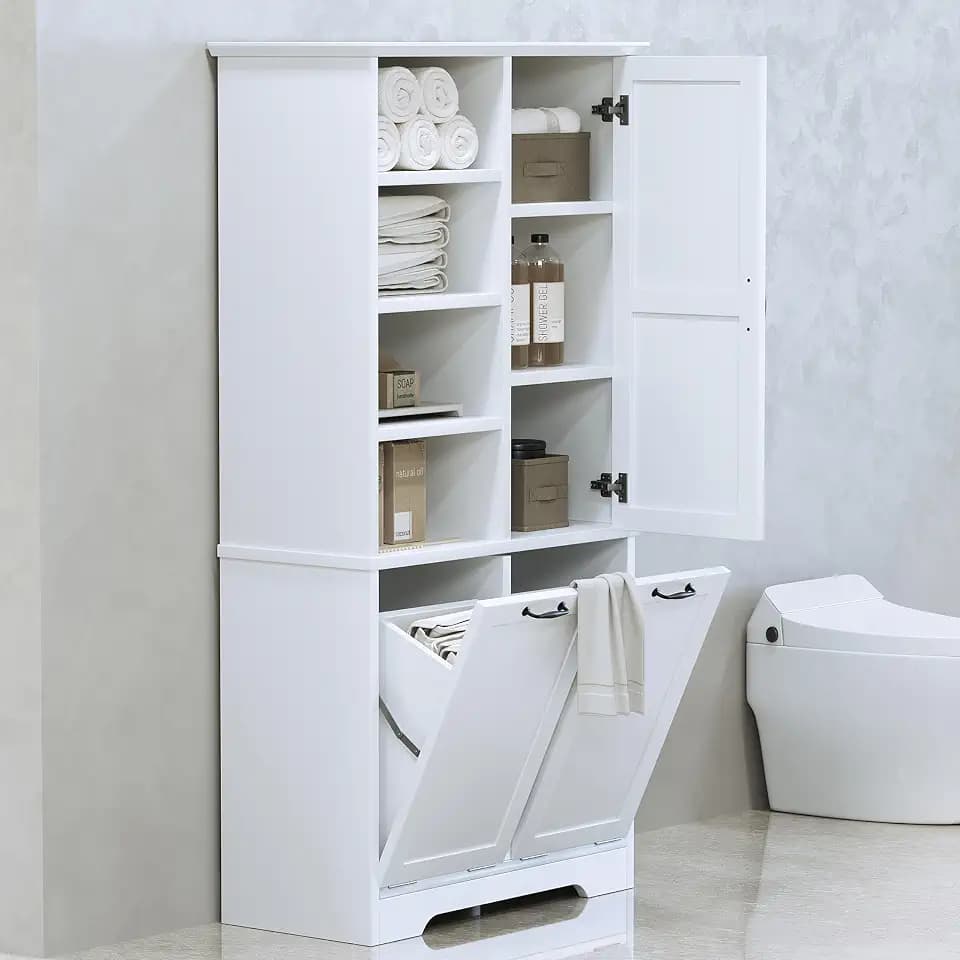 Merax Tall Storage Cabinet with Door and Open Shelf, Multi-Functional Laundry Hamper Basket for Home Bathroom, Laundry Room, White