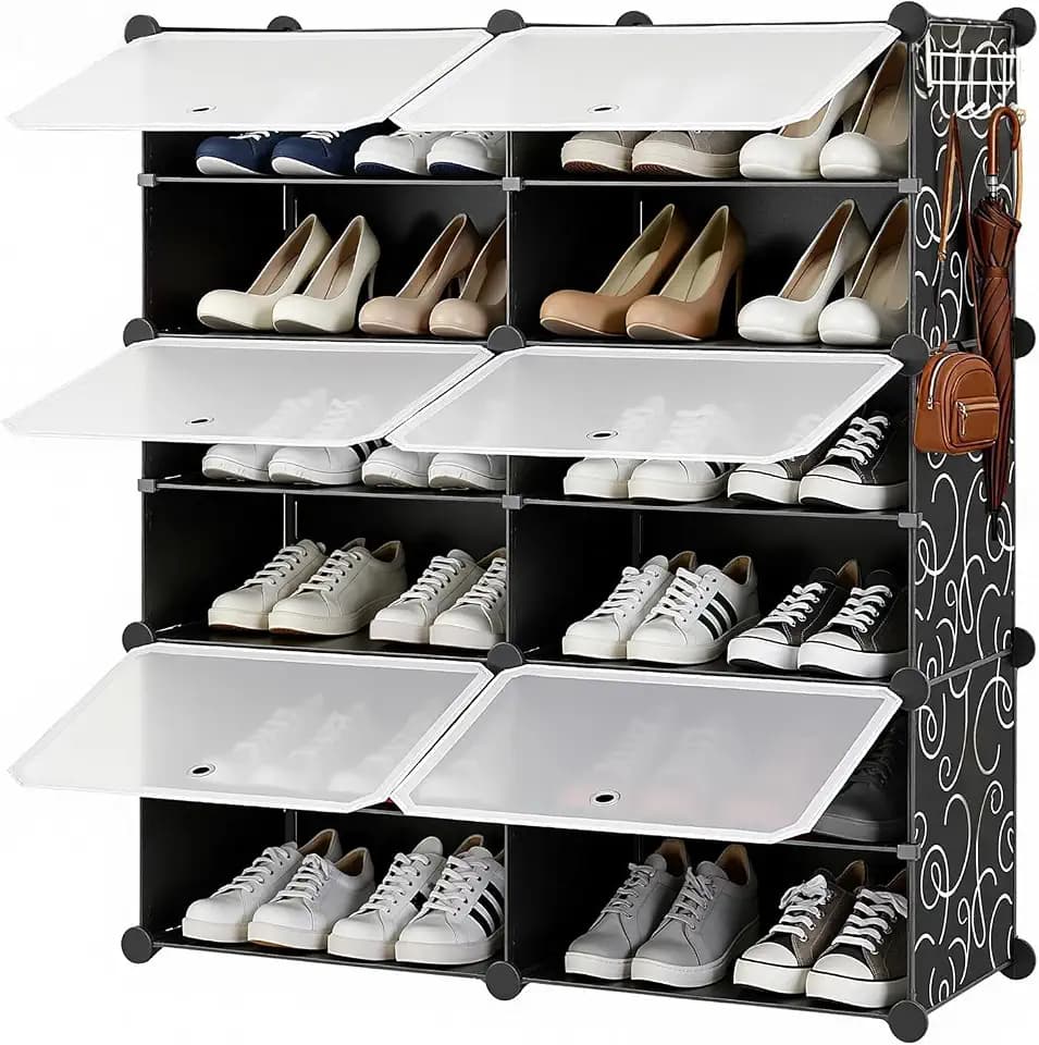 Simple Deluxe 6-Tier Shoe Rack Organizer with Doors, Stackable Shoe Storage Cabinet for Entryway Closet, Plastic Shoe Shelf with Metal Frame, Holds up to 24 Pairs for Bedroom Hallway, Black