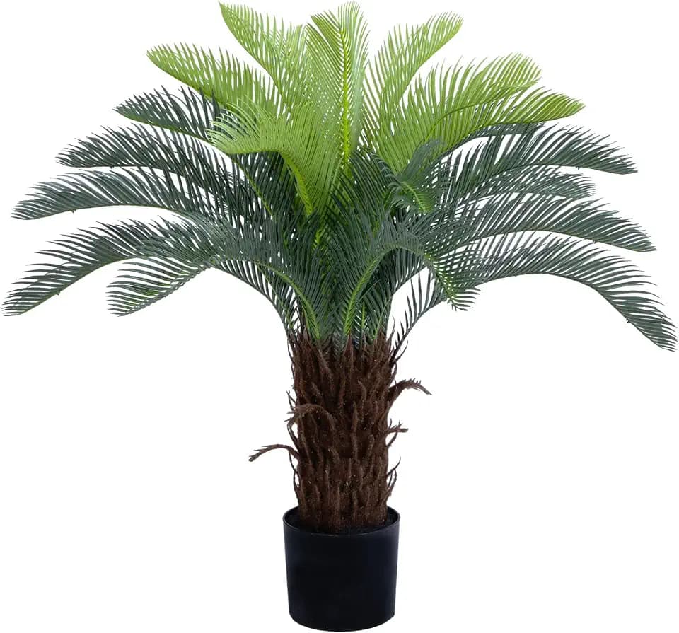 Bellacat 3ft UV Resistant Faux Sago Palm Tree with Natural & Lifelike Bark, 35in Super Full Artificial Cycad Tree with Realistic Leaves, for Home Office Patio Porch Front Door Decor.