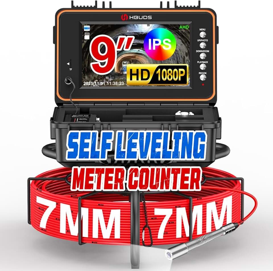 Sewer Camera, Self Leveling Drain Camera 200ft with Meter Counter, 7mm Thick Cable, 9" HD Screen 1080P Plumbing Cameras Snake with Light, 5100mAh Battery Duct Pipe Video Inspection Cam DVR 32GB