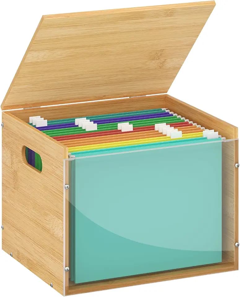 Sbanmao Acrylic File Organizer with Lid, Bamboo File Box with Handle, Hanging File Folder Organizer, Portable Filing Organizer File Crate Storage Box for Home Office Classroom, Letter Size