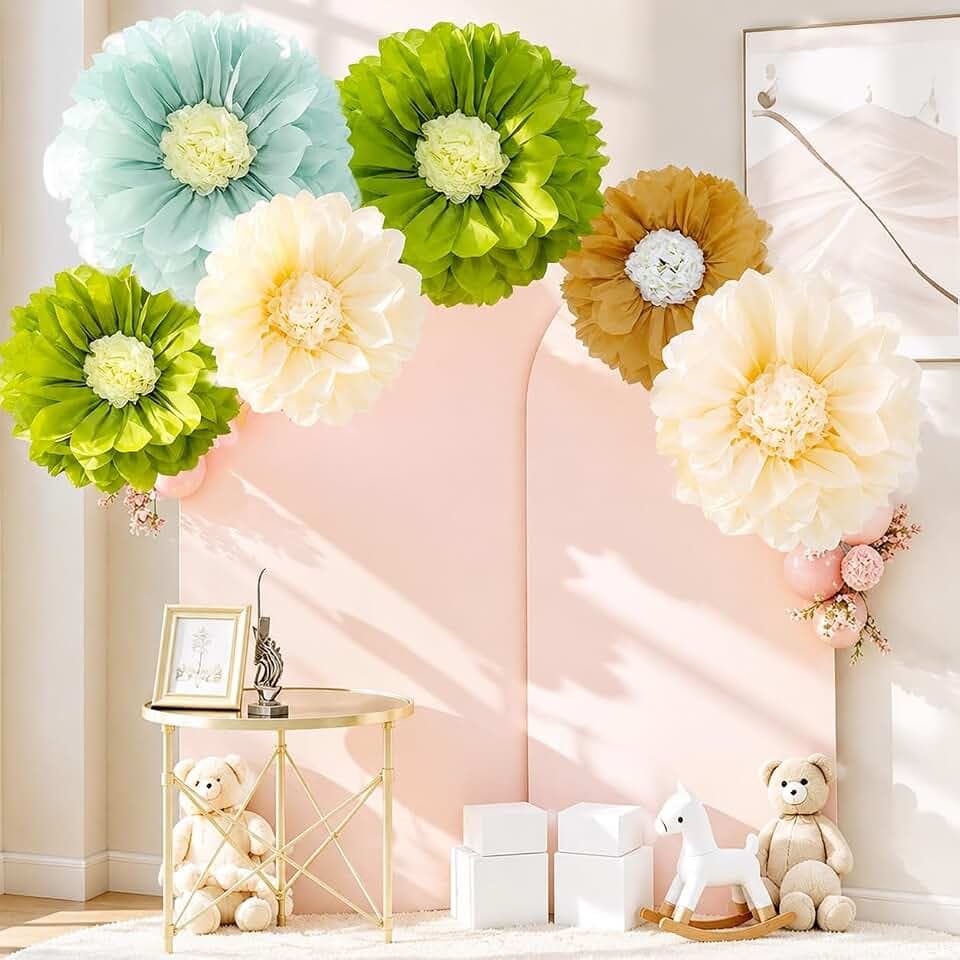 Sage Green Giant Tissue Paper Flowers 6 Pack, 24" 32" Large Boho Paper Wall Decor, Neutral Pom Pom Floral Backdrop for Baby Shower Wedding Birthday Bridal Shower Boho Party Home Wall Decor