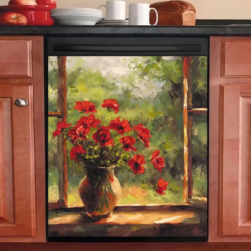 Red Poppy Flowers Magnetic Dishwasher Cover 23x26, Retro Floral Oil Painting Dishwasher Magnet Cover, Spring Summer Decor Refrigerator Panels Decals for Kitchen Appliance Decorative