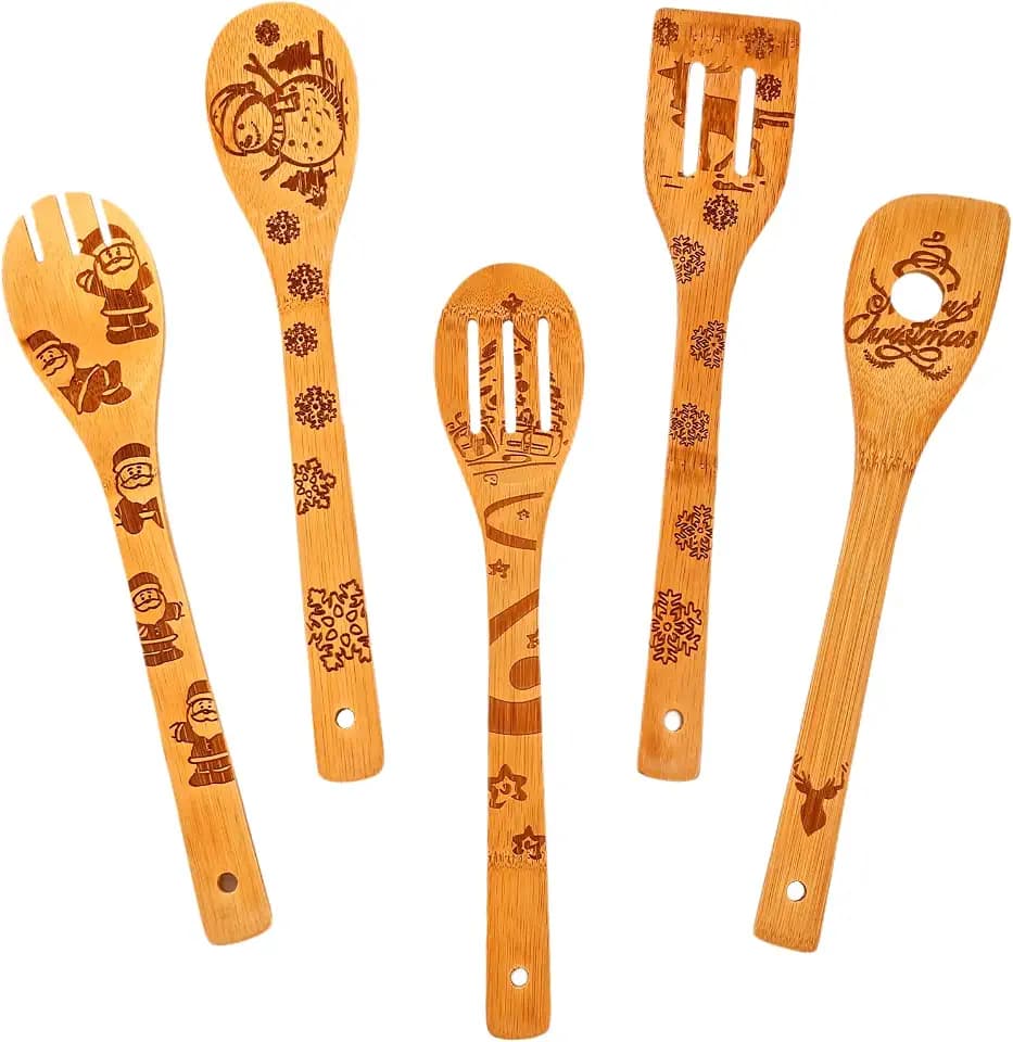 Wooden Utensil Set, Bamboo Utensils 5 pcs Wood Spoons for Cooking, Easy to Clean, Sturdy, Lightweight & Heat Resistant White Elephant Gift