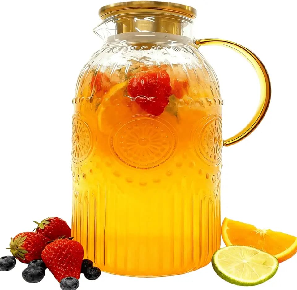 Amzcku Glass Pitcher with Lid, 1 Gallon/128 oz Vintage Water Pitcher,Water Carafe for Cold Brew, Coffee, Lemonade, Iced Tea,Beverage, Heat Resistant Water Glass Jug 1Pack