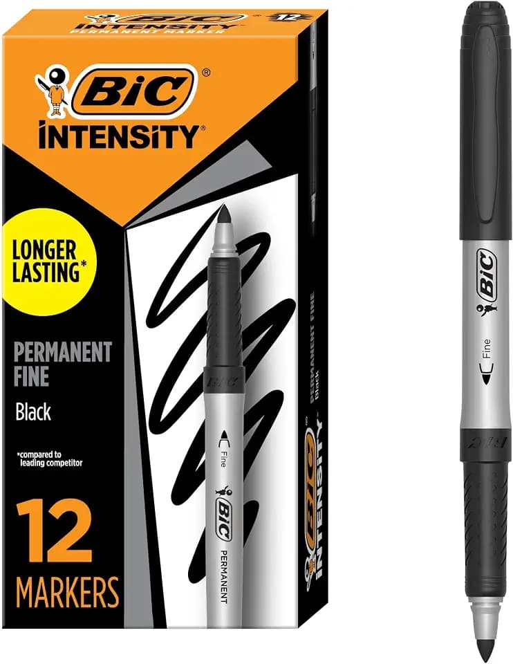 BIC Intensity Black Permanent Markers, Fine Point, 12-Count Pack of Markers